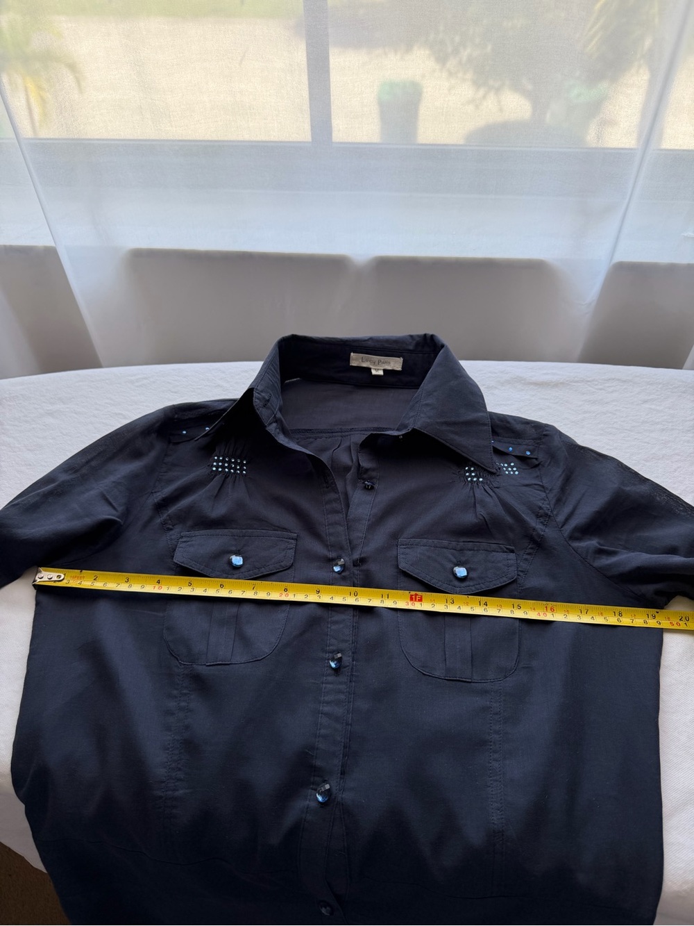 Lucy Paris Navy Rhinestone Ruched Button Up Shirt M Y2K - Picture 13 of 16